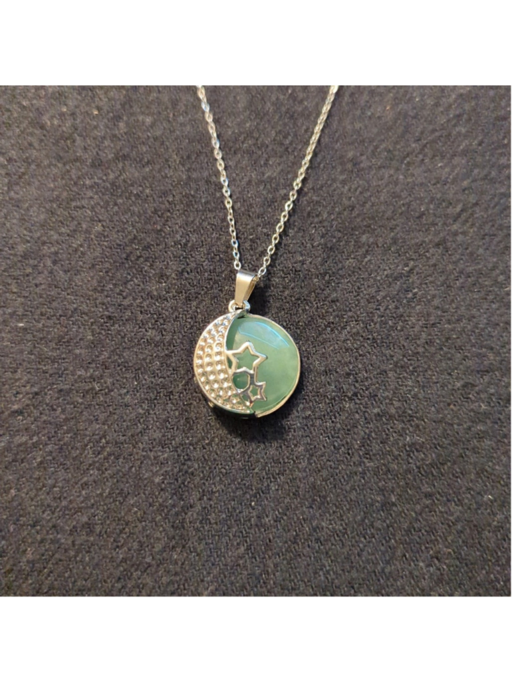 Silver Tone Green Aventurine Moon and Star Pendant Statement Necklace
